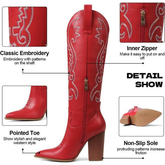 Women's Red Embroidered Wide Calf Chunky Knee High Heels Western Boots - Picture 4 of 7